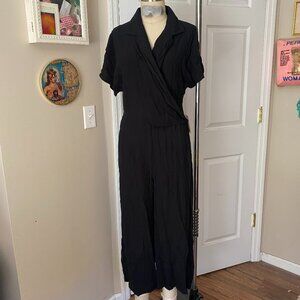 FOREVER 21 Black Mock Wrap Lounge aviator ROMPER Wide Leg Jumpsuit *SMALL*